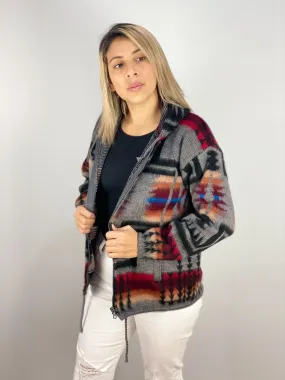 Alpaca Wool Jacket with Hoodie - Native American Style - Grey