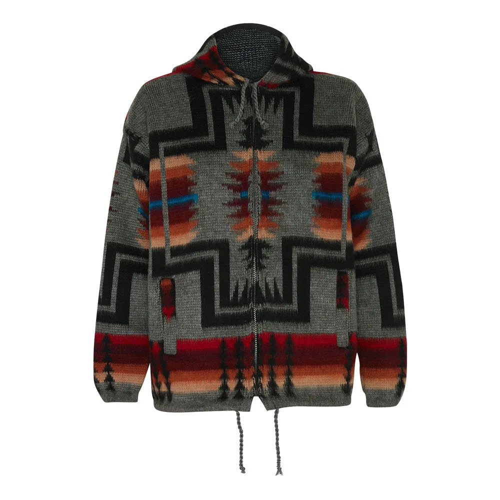 Alpaca Wool Jacket with Hoodie - Native American Style - Grey