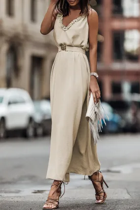 Apricot V Neck Sleeveless Maxi Dress With Elastic Belt