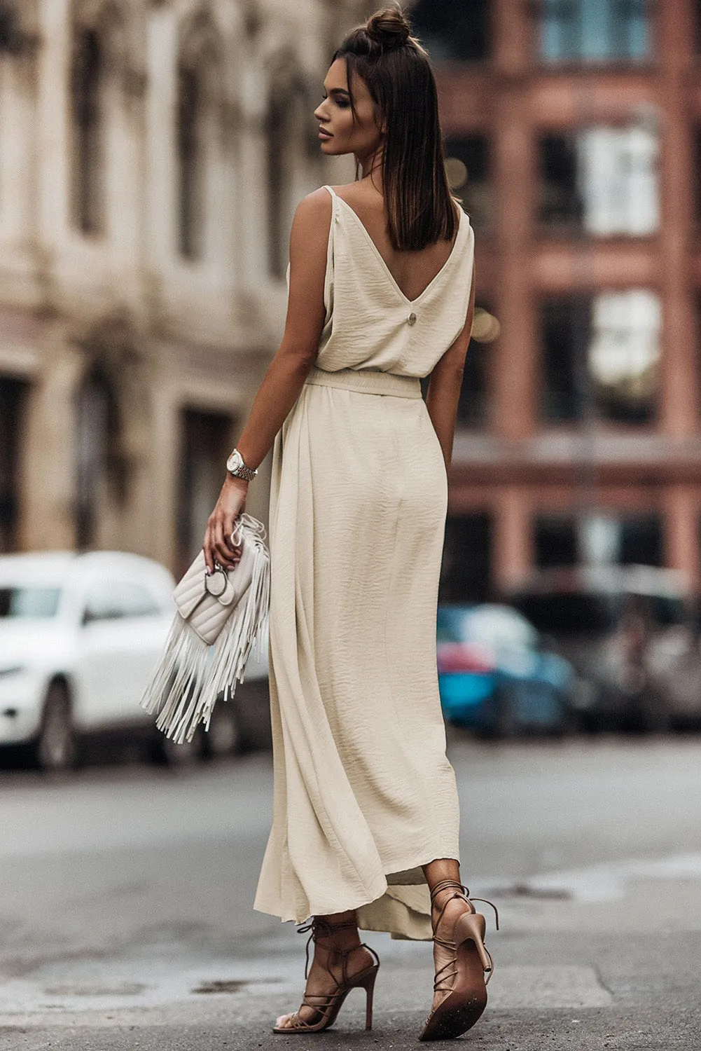Apricot V Neck Sleeveless Maxi Dress With Elastic Belt