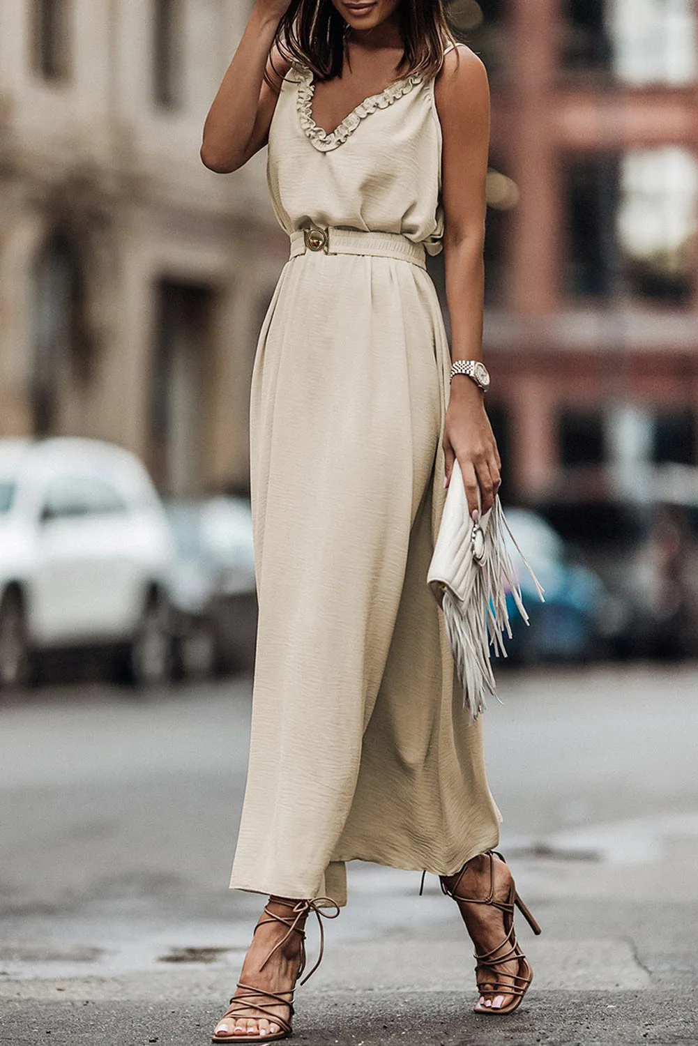 Apricot V Neck Sleeveless Maxi Dress With Elastic Belt
