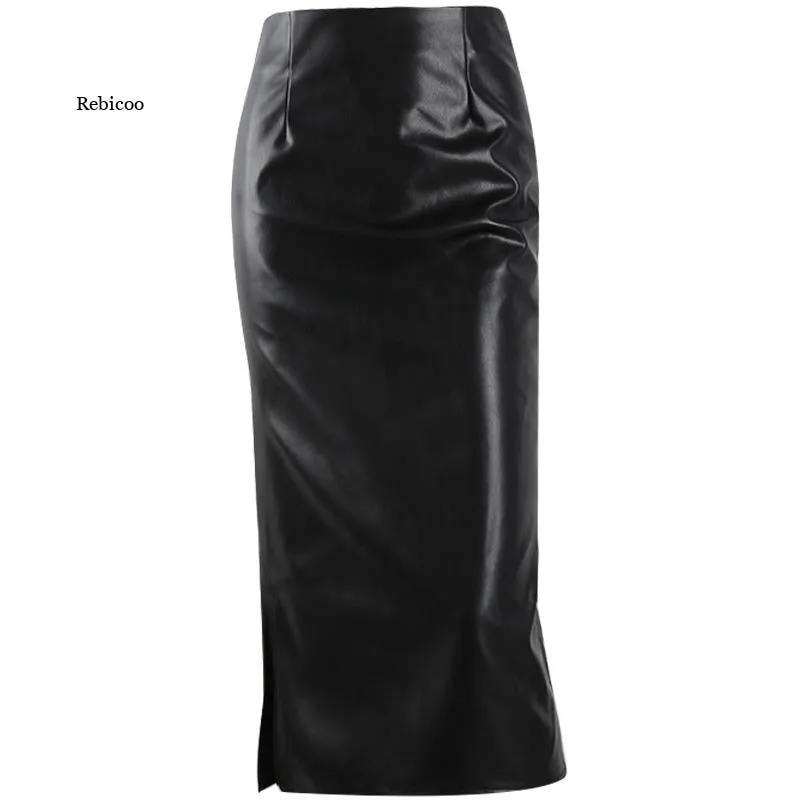 Autumn High waist long leather skirt