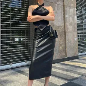 Autumn High waist long leather skirt