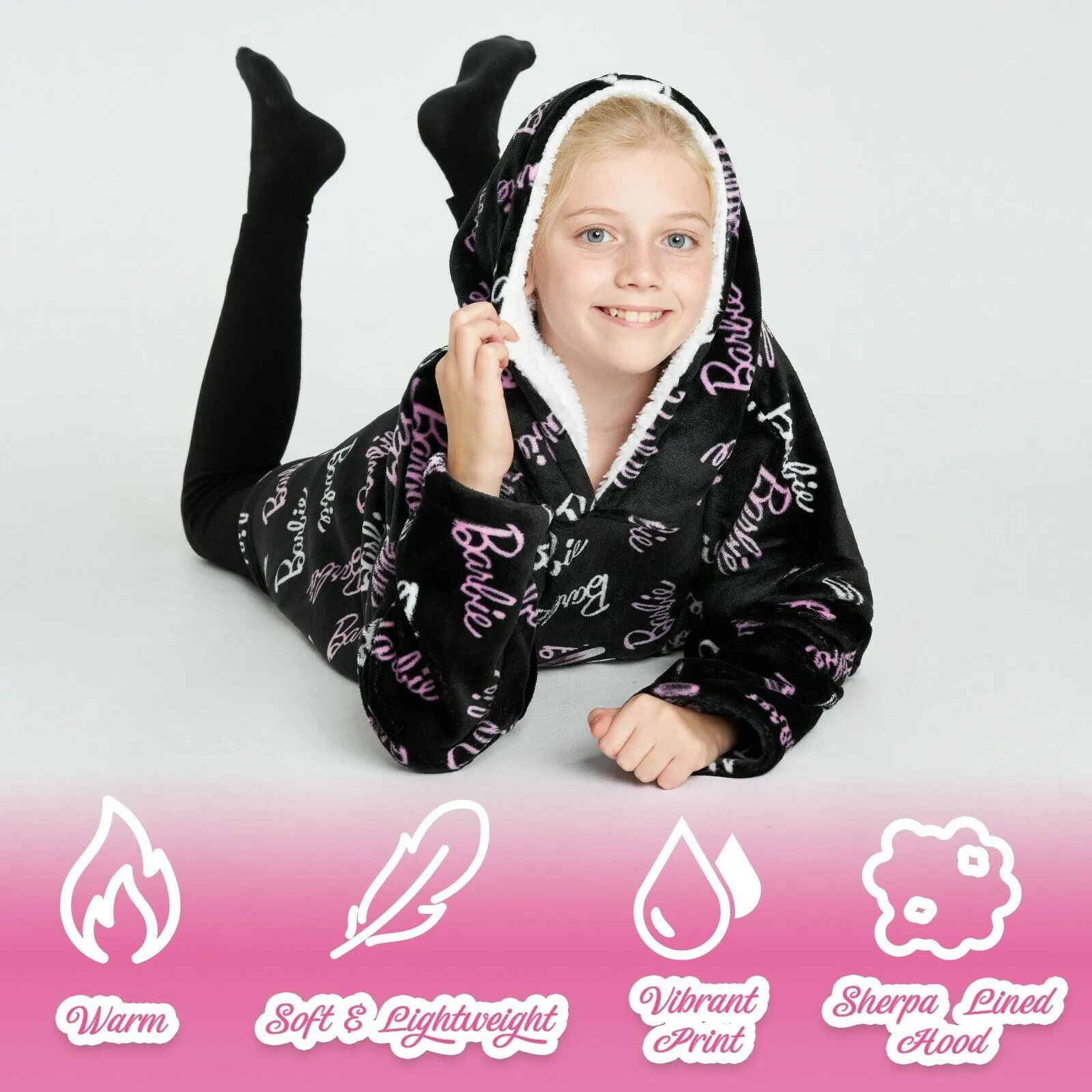 Barbie Girls Oversized Blanket Hoodie, Black Sherpa Fleece Hooded Snuggle Blanket