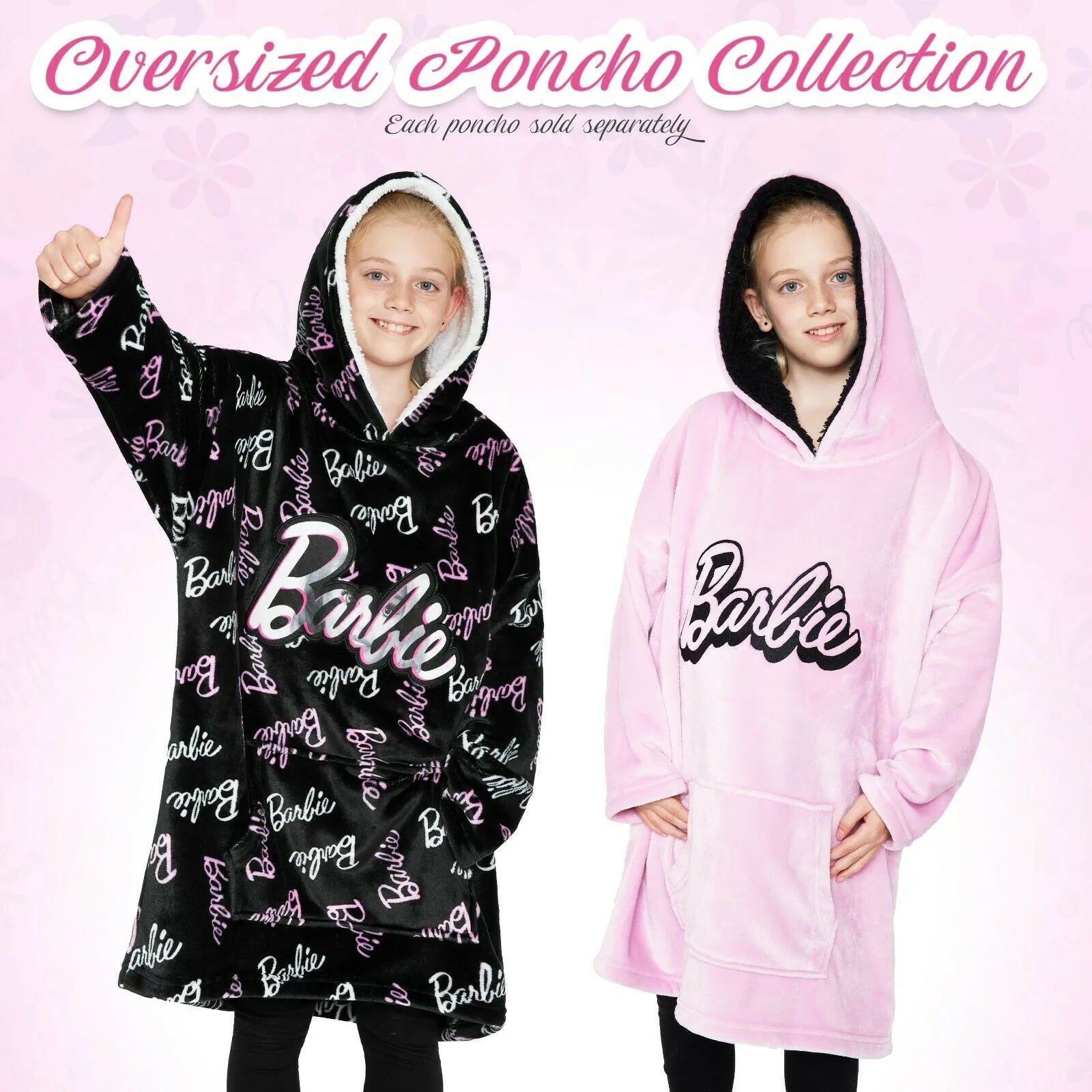 Barbie Girls Oversized Blanket Hoodie, Black Sherpa Fleece Hooded Snuggle Blanket