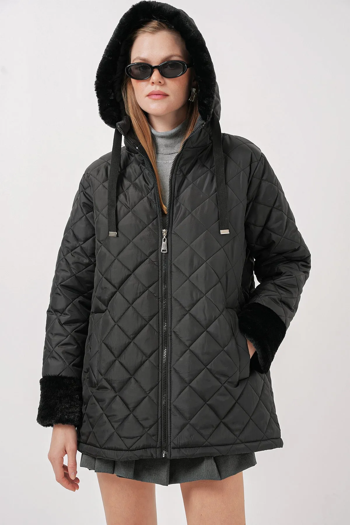 BGD Women Hooded Quilted Jacket - Black - Fresno