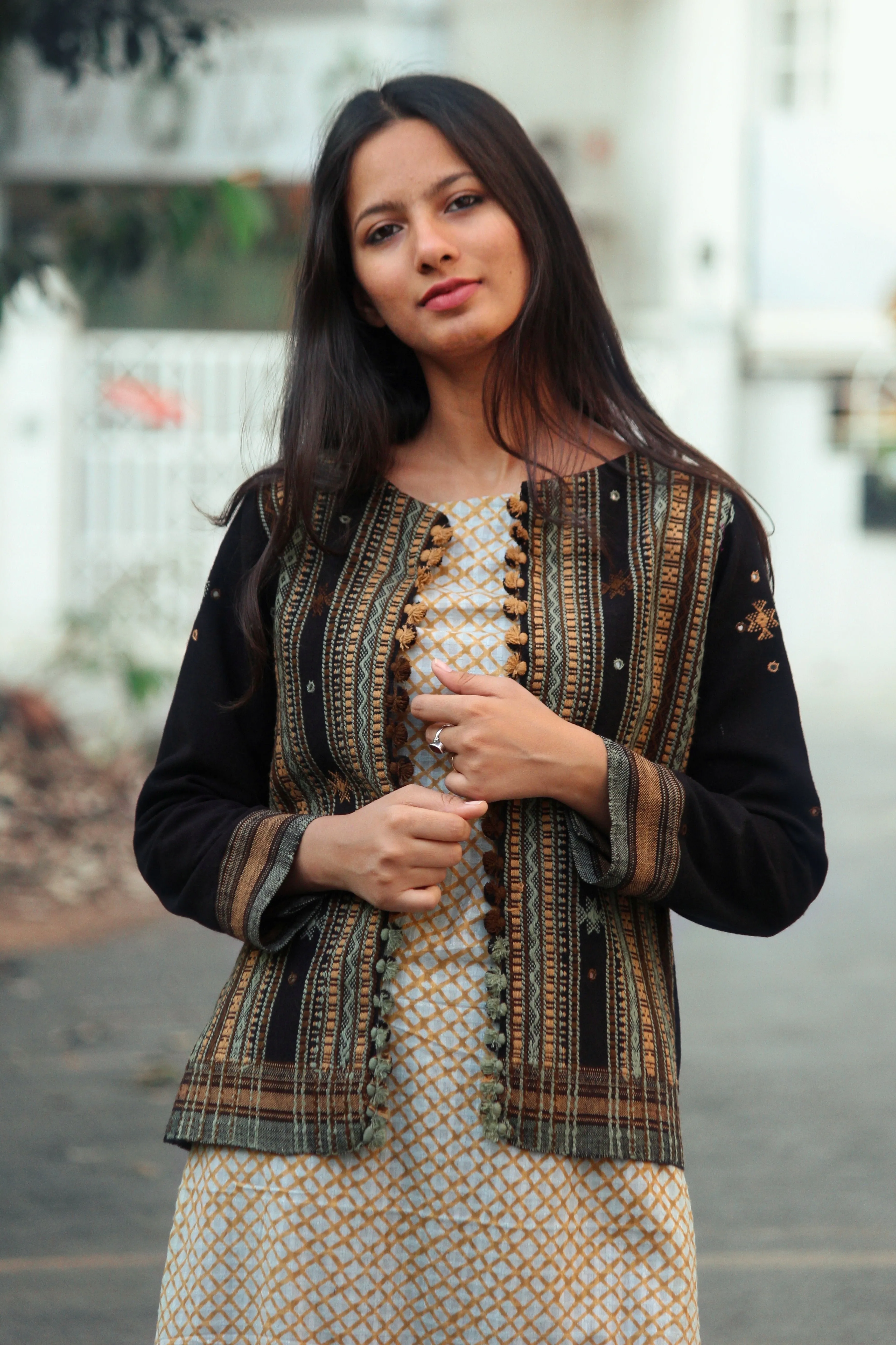 Black Handwoven Wool Cropped Jacket