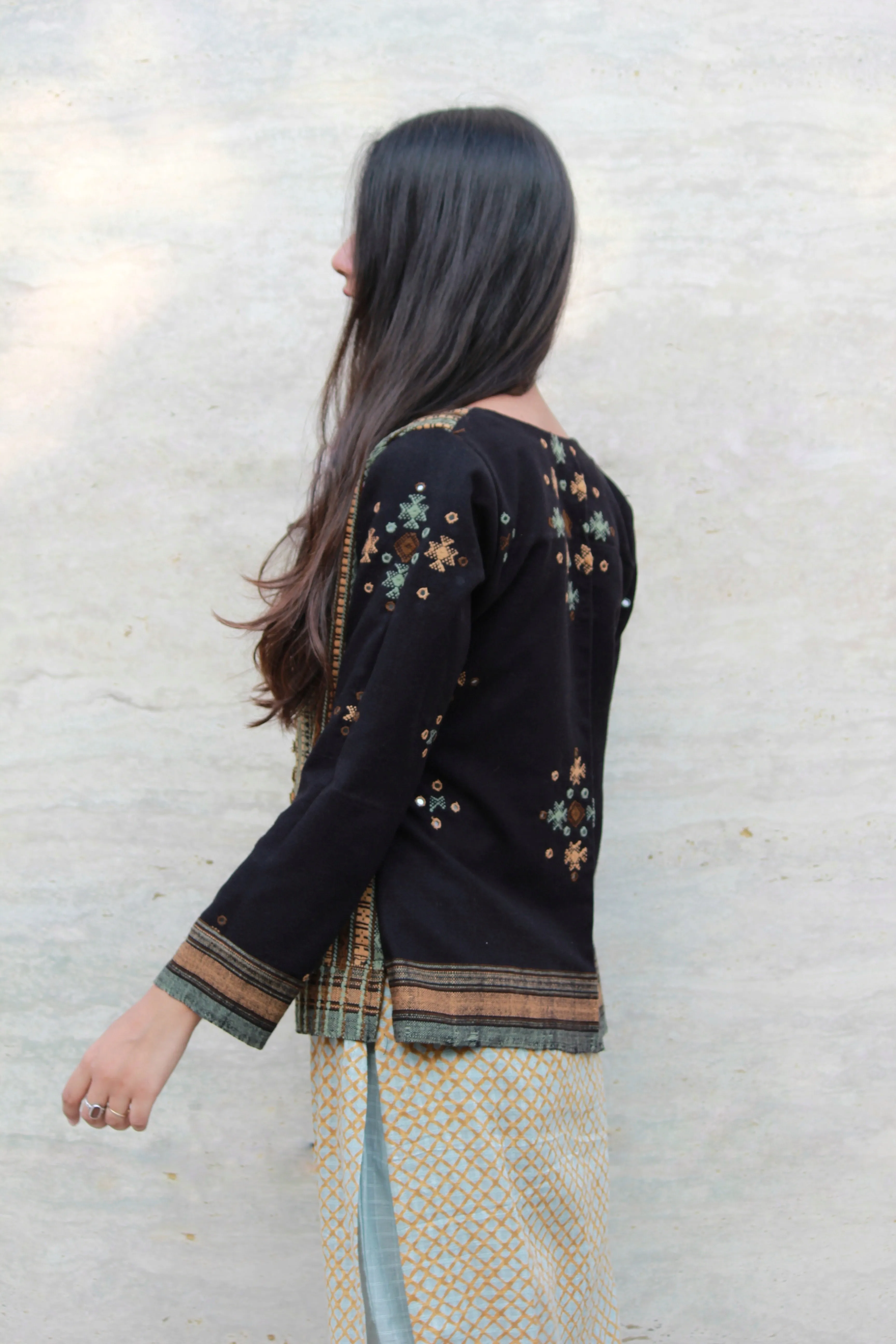 Black Handwoven Wool Cropped Jacket