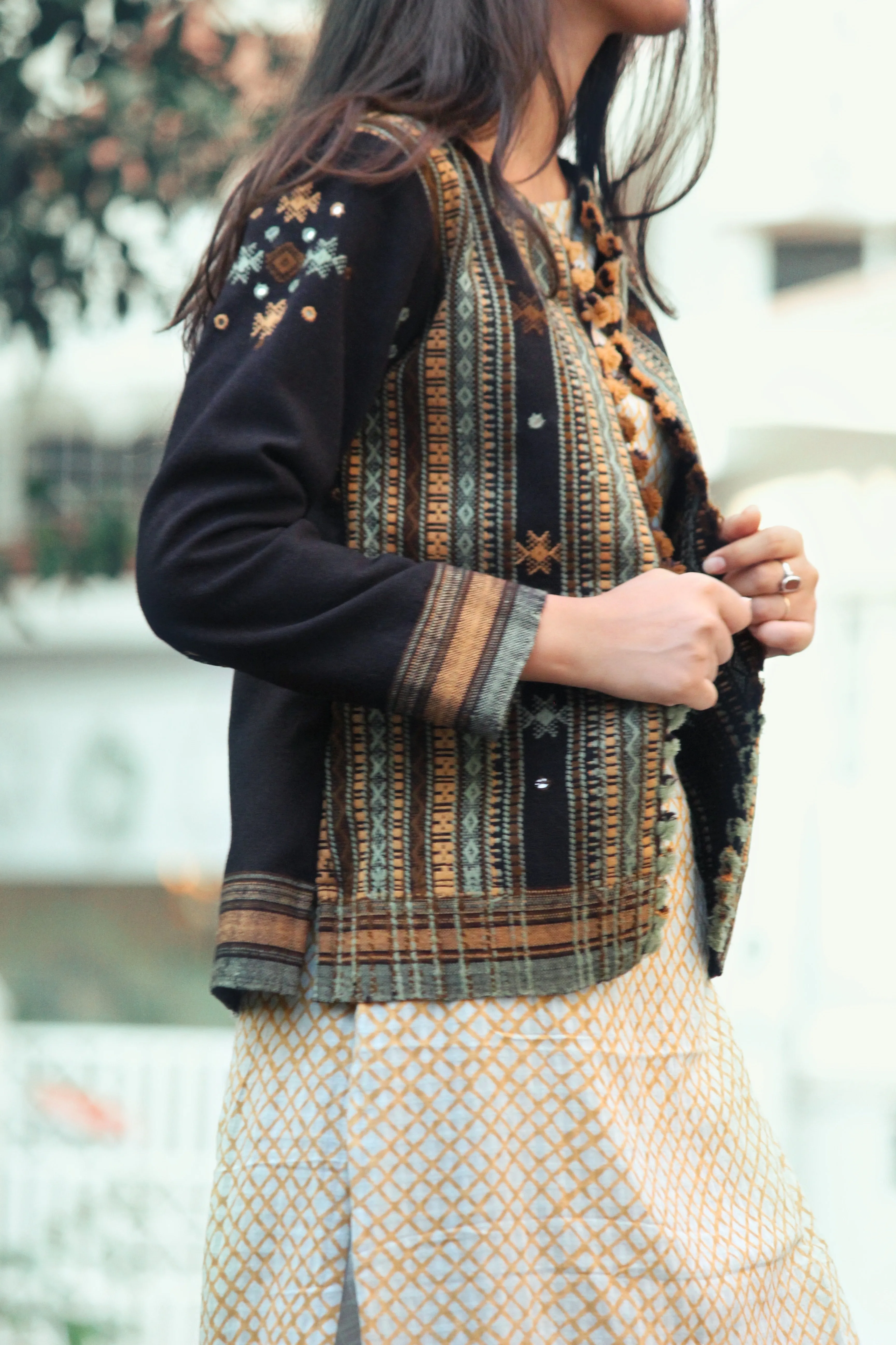 Black Handwoven Wool Cropped Jacket