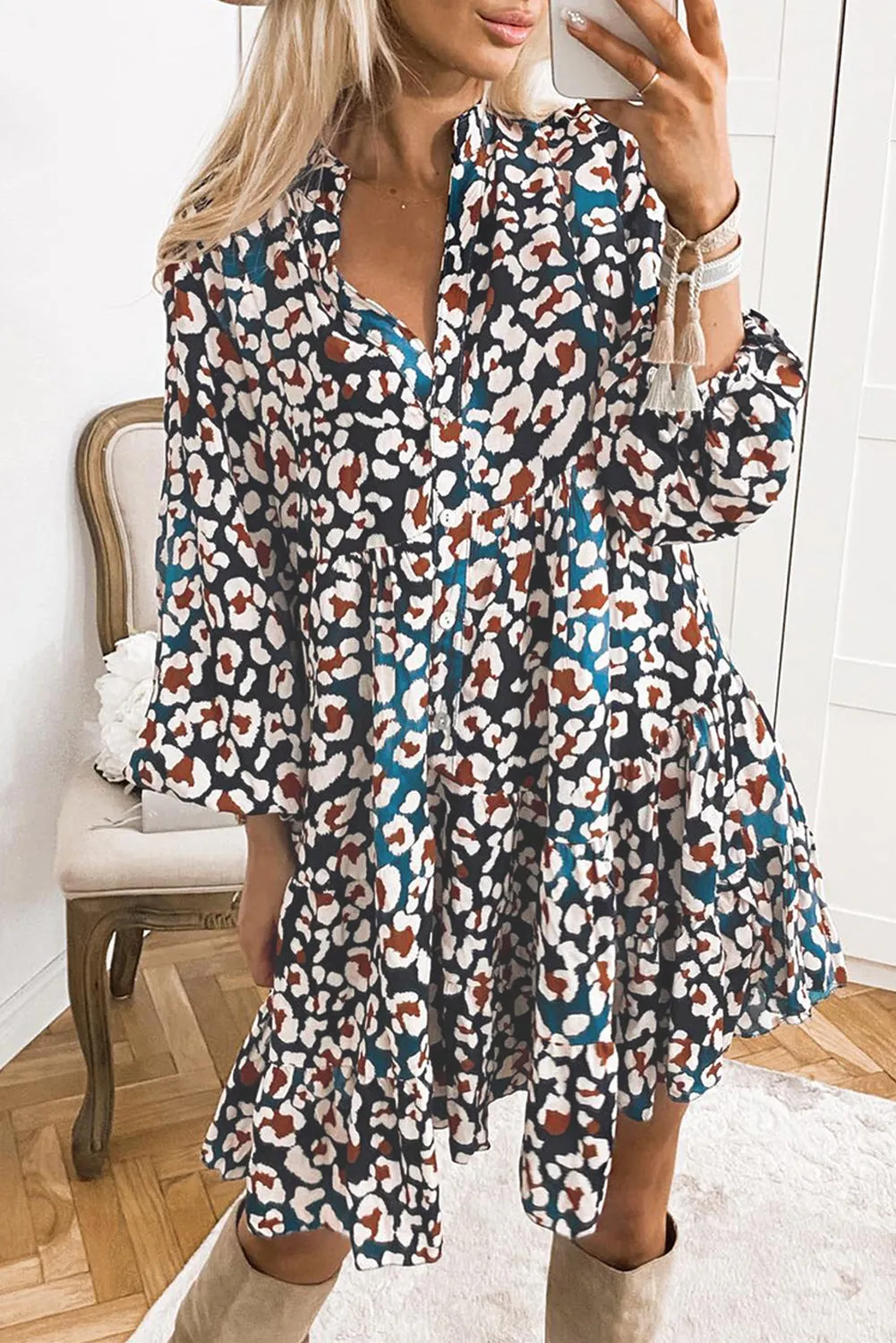 Blue Leopard Print Bubble Sleeve Ruffled Shirt Dress