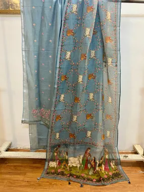 Blue Pure Linen handloom 3 pcs suit set