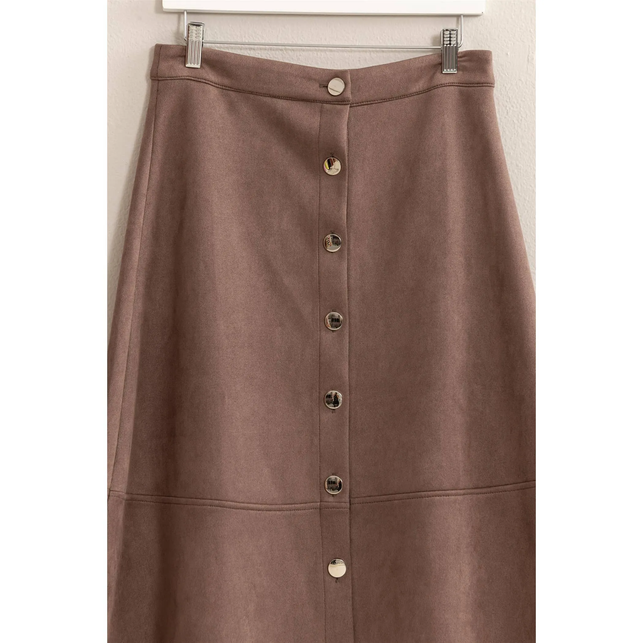 Button-Front Suede Midi Skirt