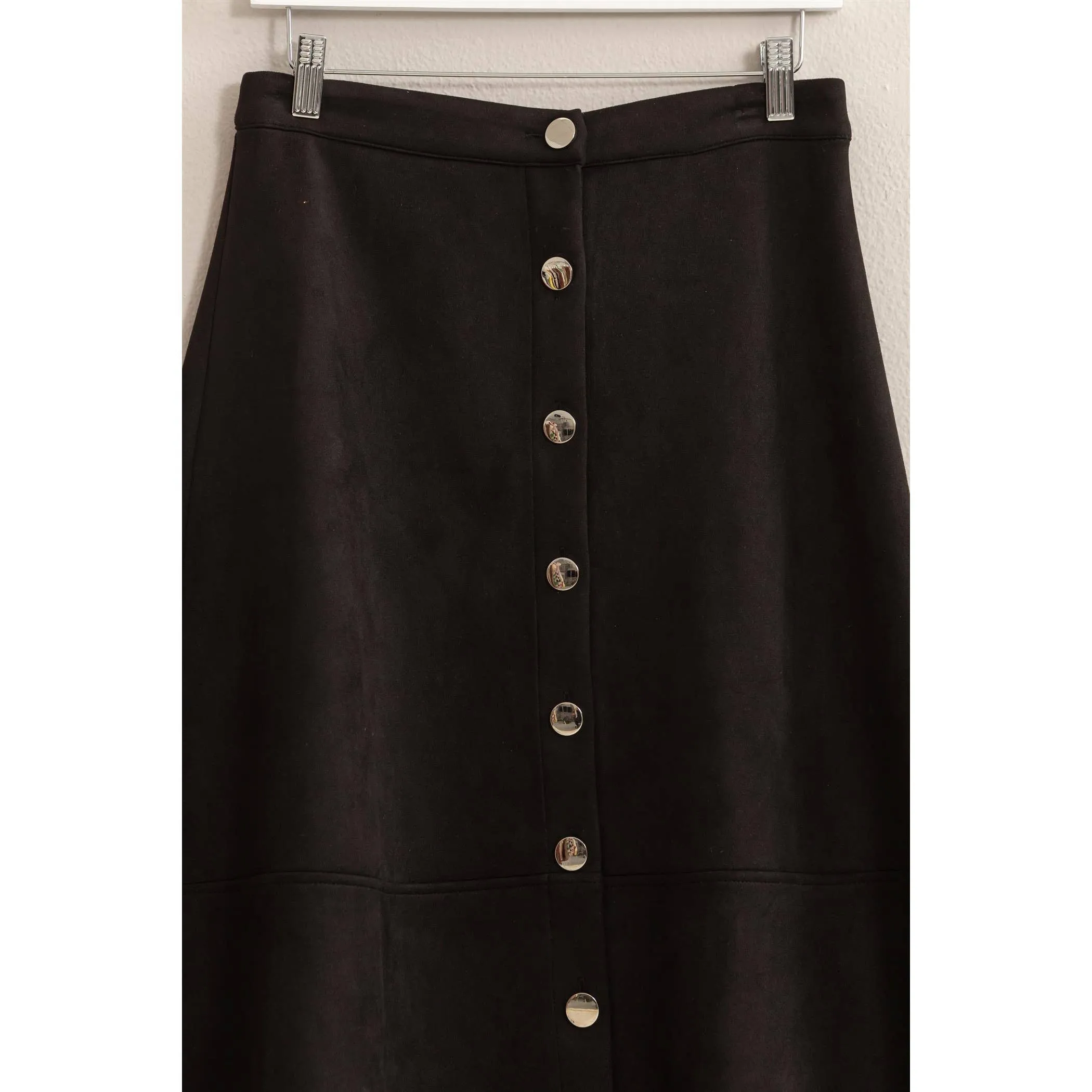 Button-Front Suede Midi Skirt