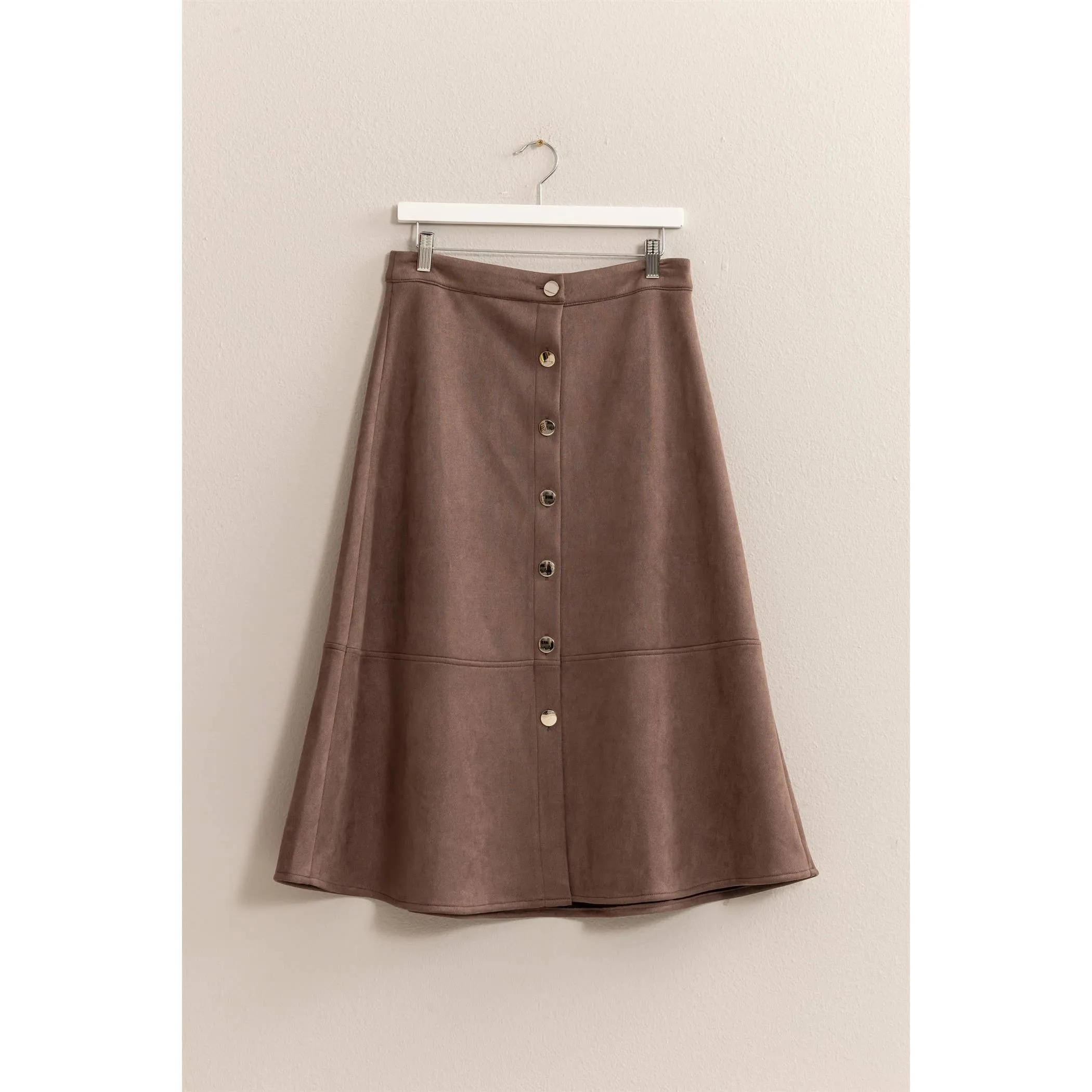 Button-Front Suede Midi Skirt