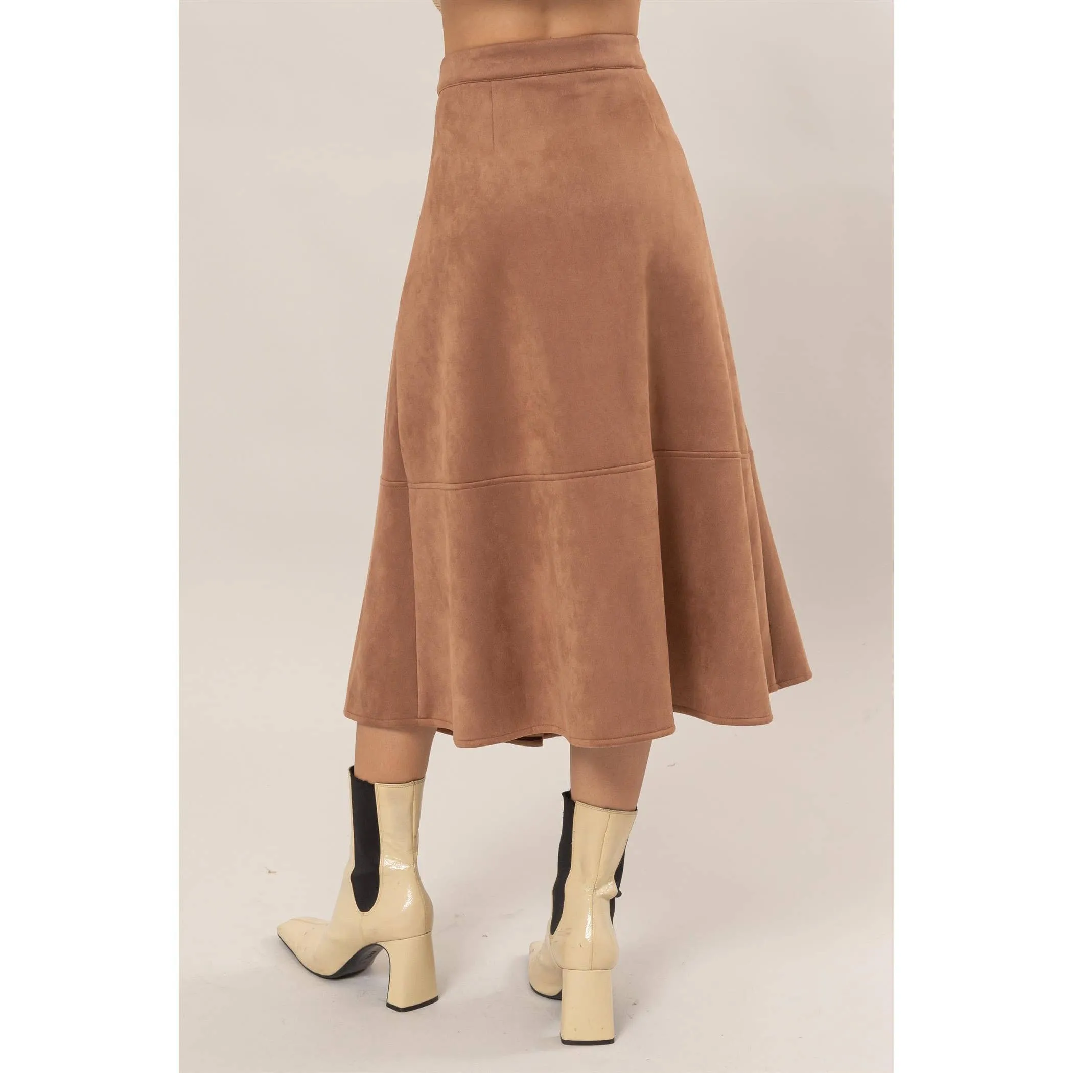 Button-Front Suede Midi Skirt