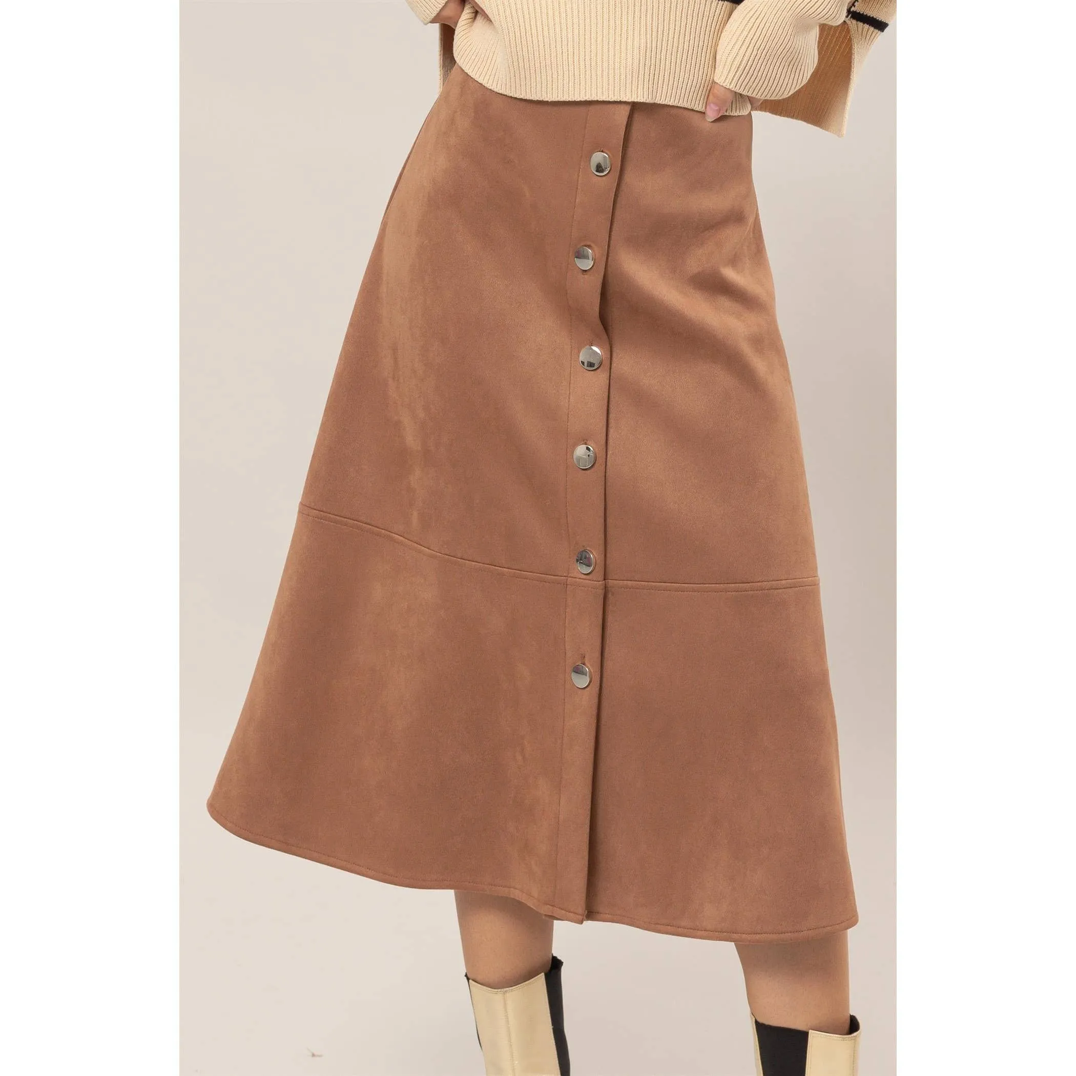 Button-Front Suede Midi Skirt