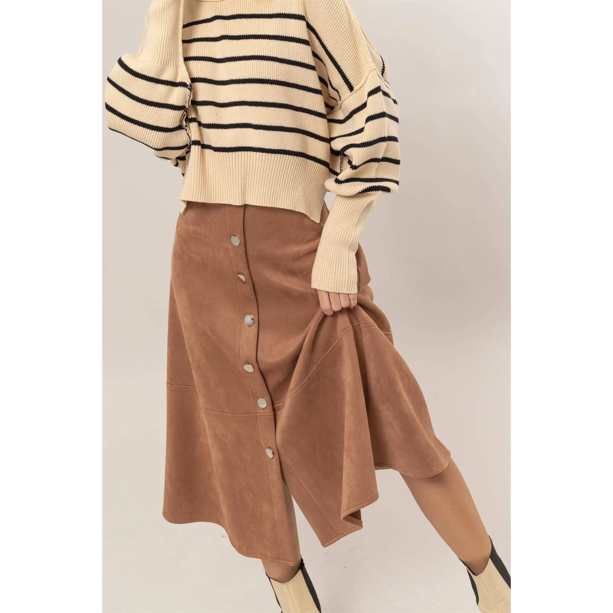 Button-Front Suede Midi Skirt