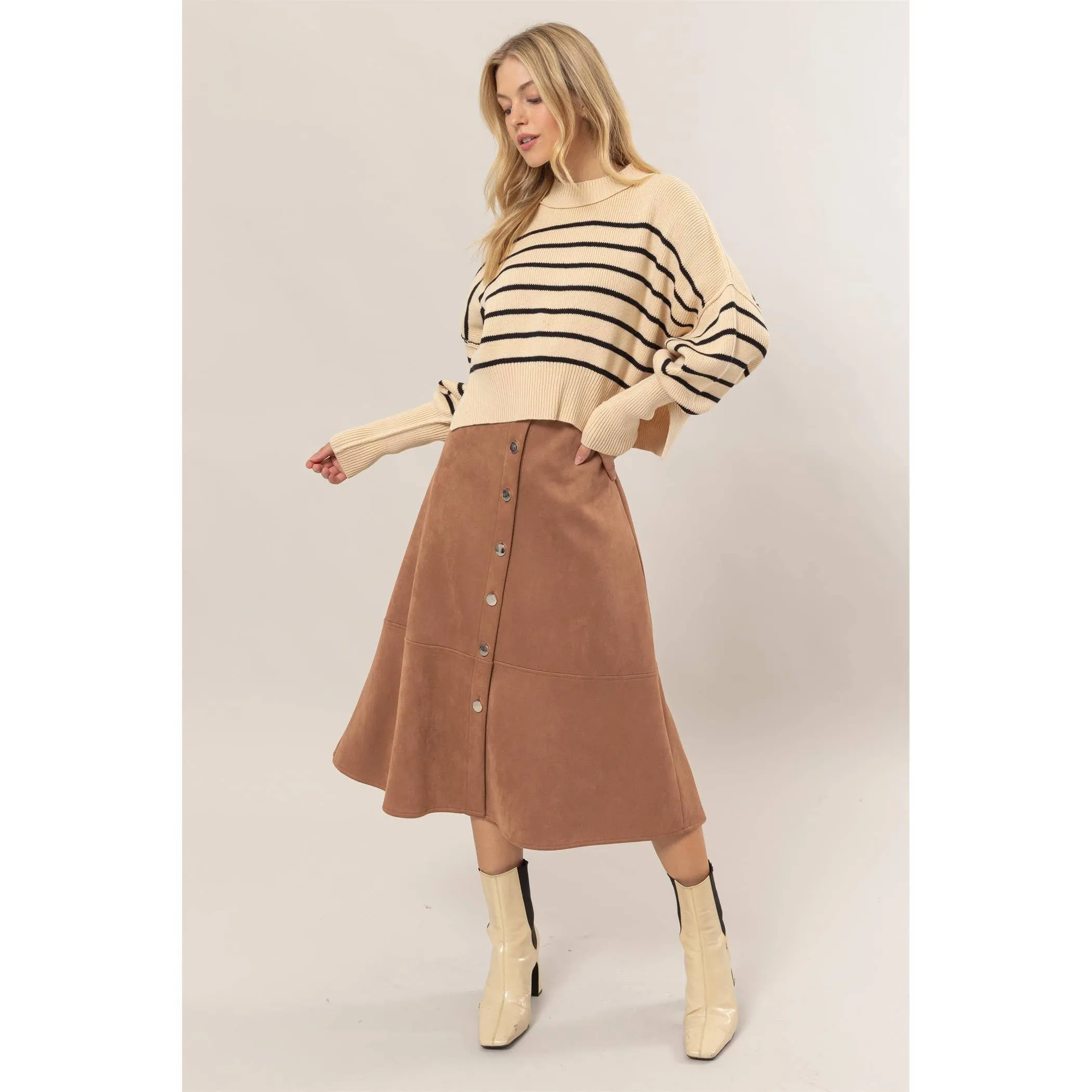 Button-Front Suede Midi Skirt
