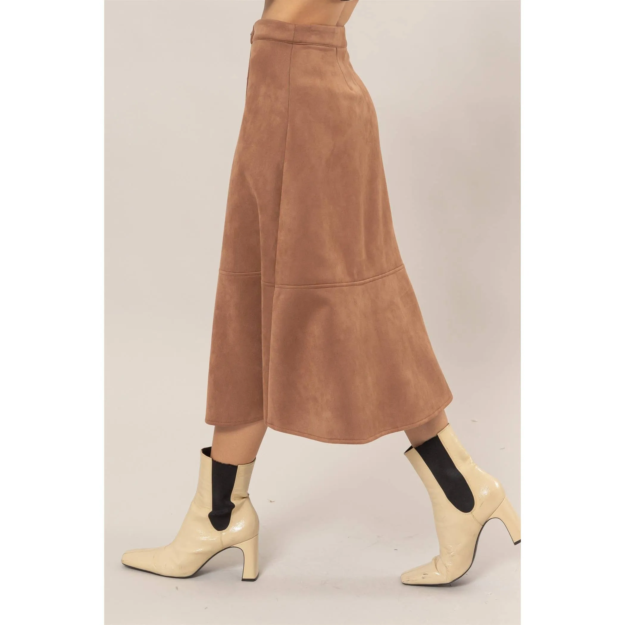 Button-Front Suede Midi Skirt