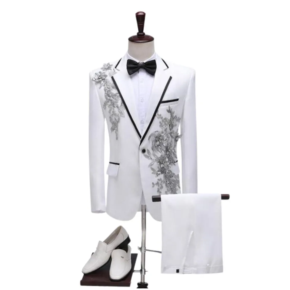CGSUITS Men's Fashion Floral Applique White Blazer Suit Jacket & Pants Suit Set