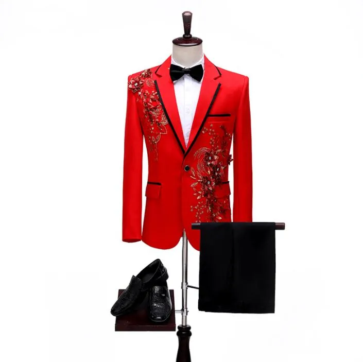 CGSUITS Men's Fashion Floral Applique White Blazer Suit Jacket & Pants Suit Set