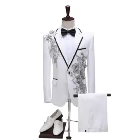 CGSUITS Men's Fashion Floral Applique White Blazer Suit Jacket & Pants Suit Set