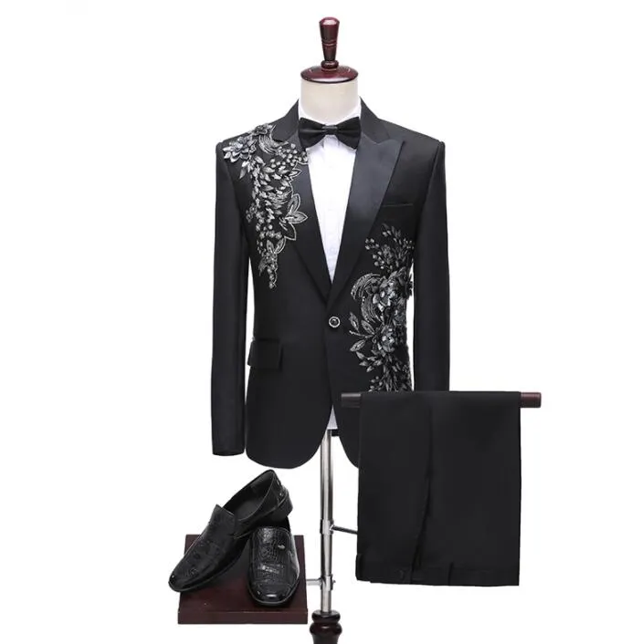 CGSUITS Men's Fashion Floral Applique White Blazer Suit Jacket & Pants Suit Set