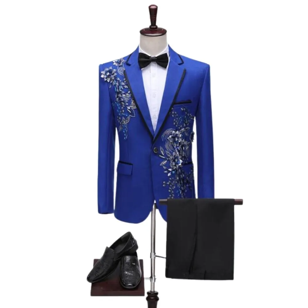 CGSUITS Men's Fashion Floral Applique White Blazer Suit Jacket & Pants Suit Set