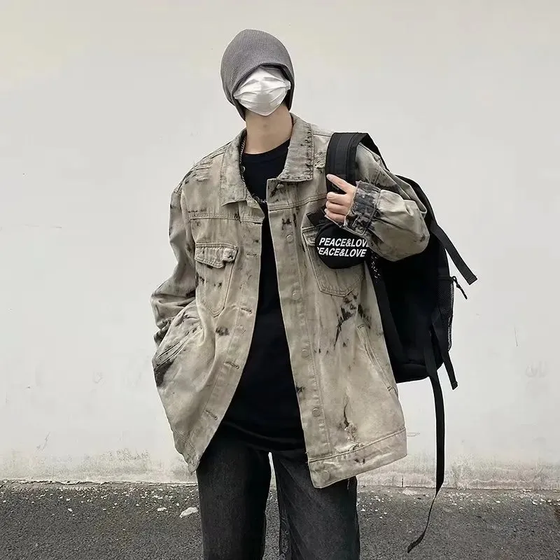 Chicmy-Men Gray Tie-dye Denim Jackets Coats Loose Vintage Jeans Jackets New Autumn Hip Hop Denim Coats Outwear Casual Jeans Coats