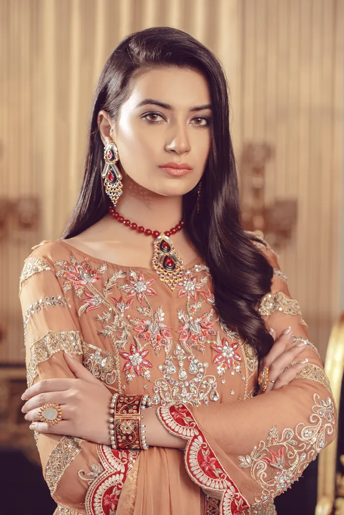 Chiffon embroidered Pakistani formal eid dress in rust color # P2492