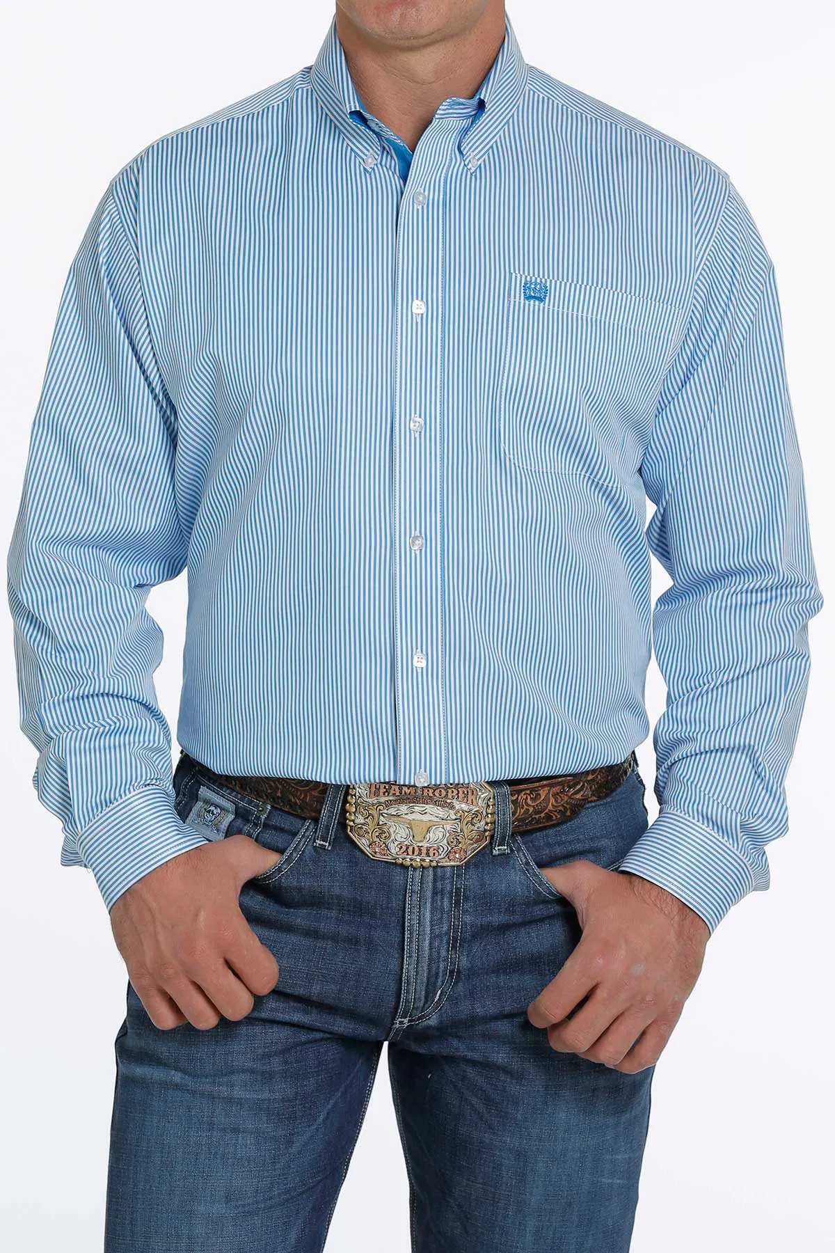 CINCH MEN'S TENCEL BLUE STRIPE BUTTON-DOWN WESTERN SHIRT
