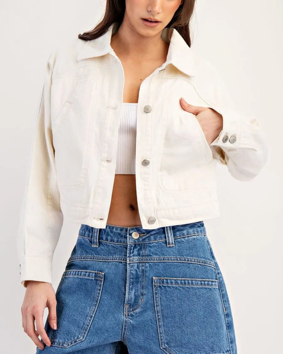 Cropped Long Sleeve Denim Jacket - Bone