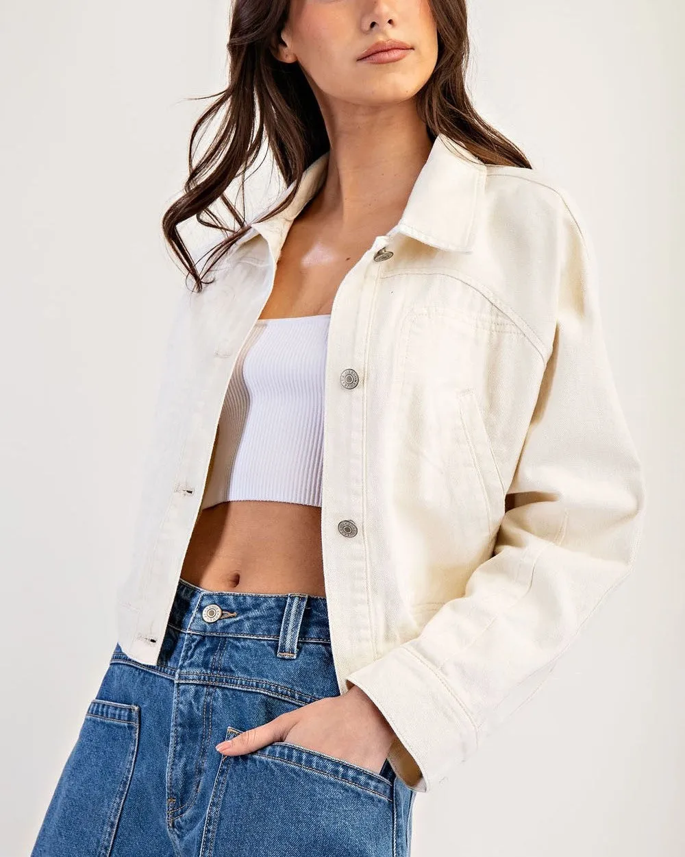 Cropped Long Sleeve Denim Jacket - Bone