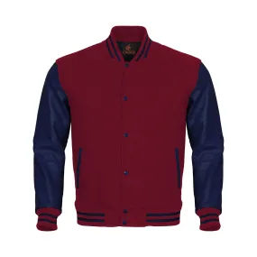 Custom Varsity Jackets Maroon Body and Navy Blue Leather Sleeves Varsity Jacket