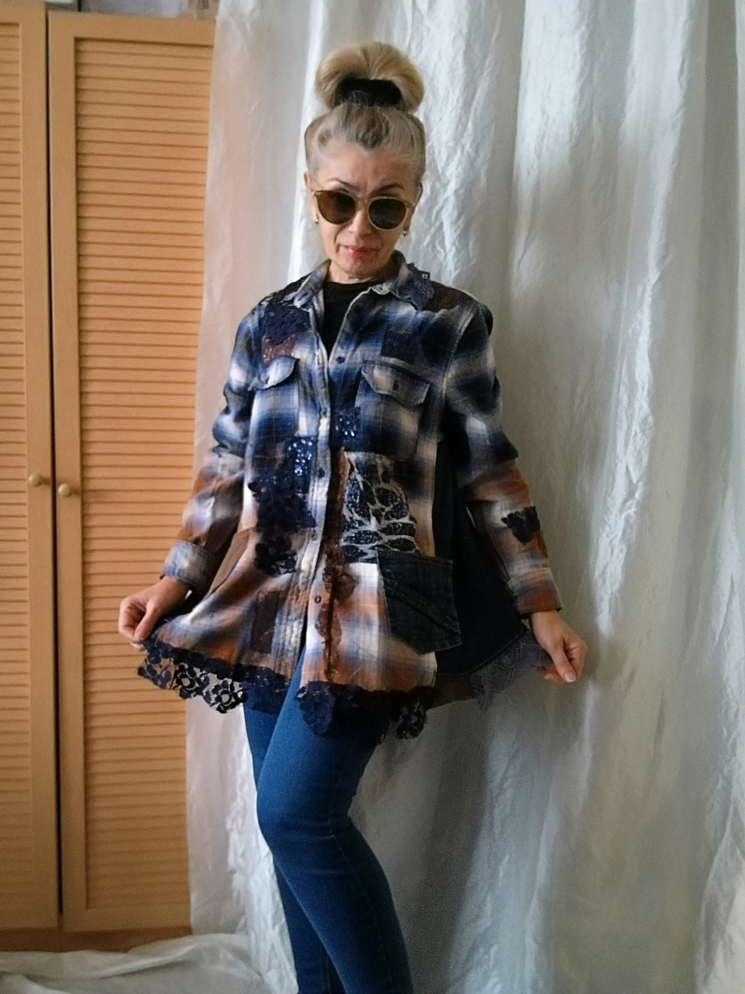 Denim Duster Dress,M/L Boho Shirt Dress,Embroidered Dress