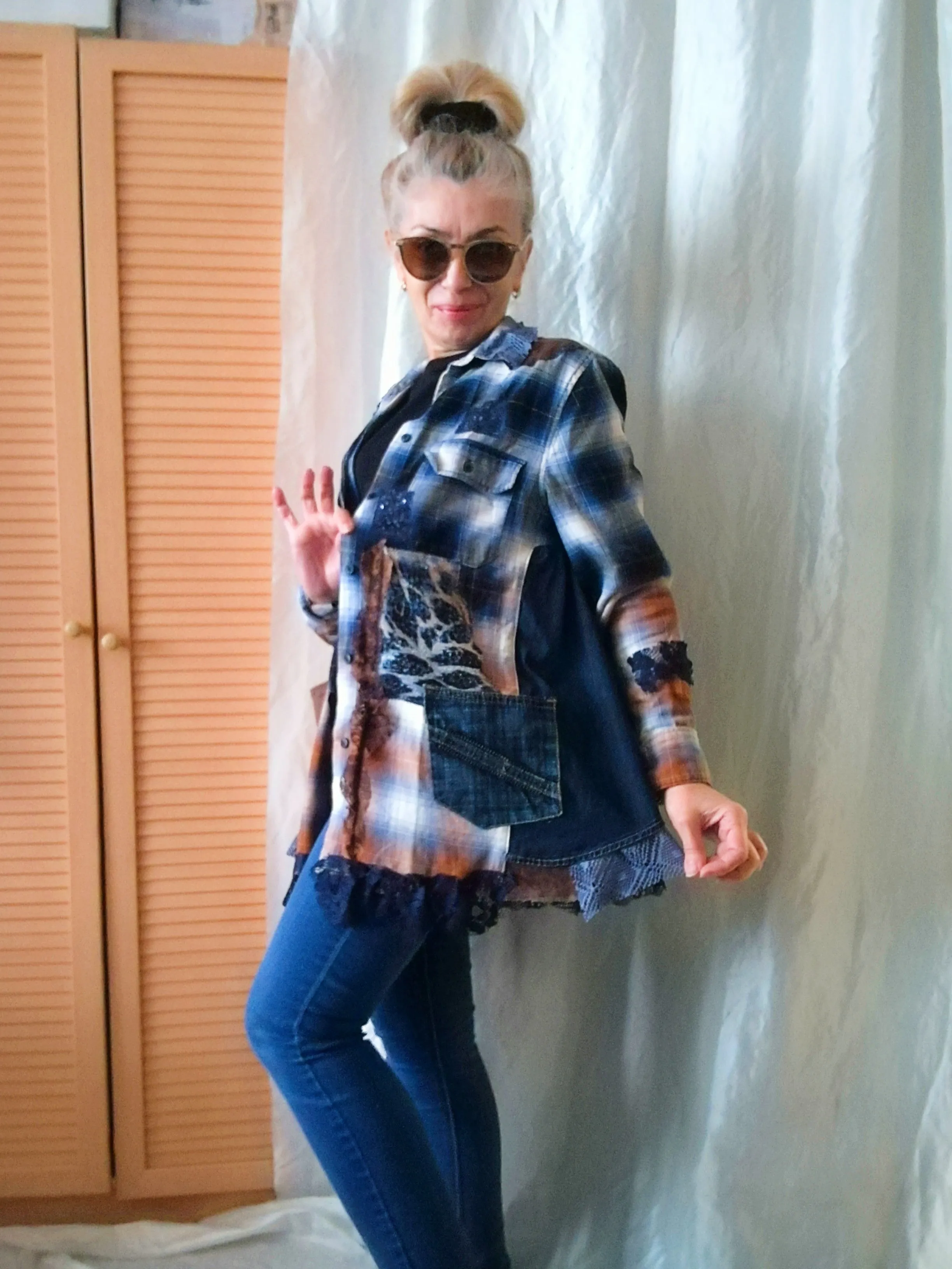 Denim Duster Dress,M/L Boho Shirt Dress,Embroidered Dress