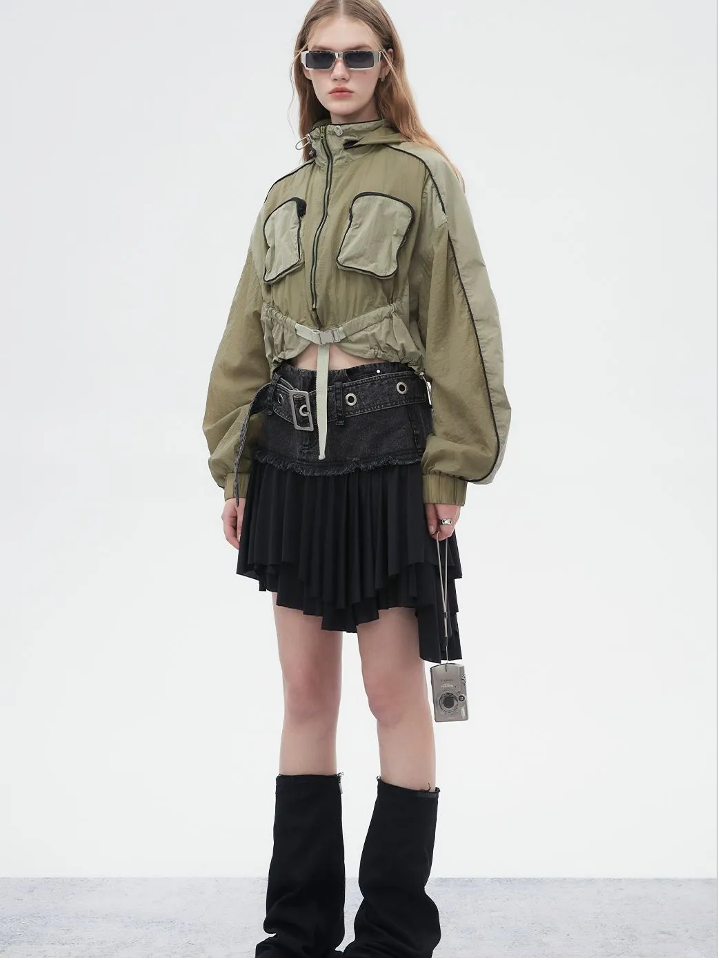 Denim Mix Pleats Belt Asymmetry Skirt