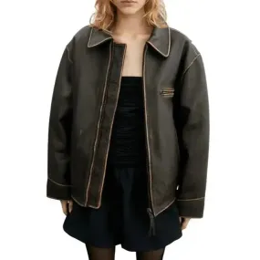 Distressed Vintage Leather Jacket for Women in Dark Brown