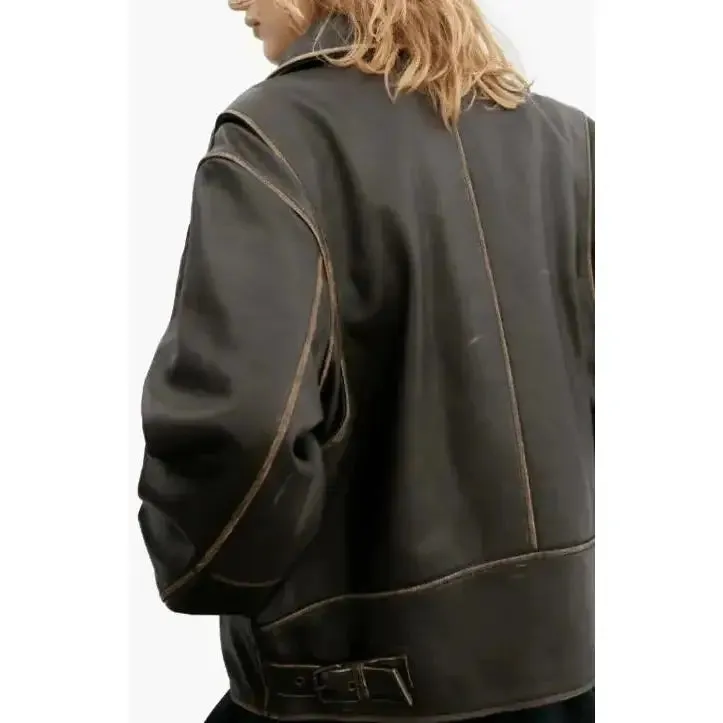 Distressed Vintage Leather Jacket for Women in Dark Brown