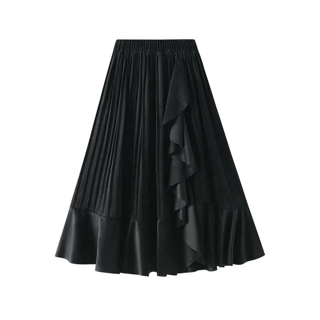Elegant Ruffles Patchwork Velvet Skirt