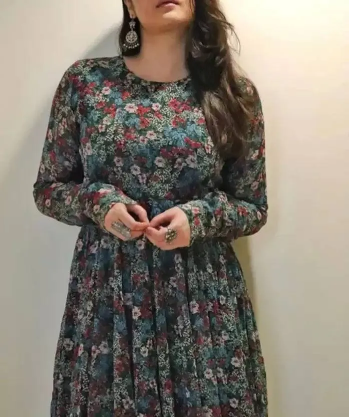 Emerald Breeze Georgette Fit and Flare Dress