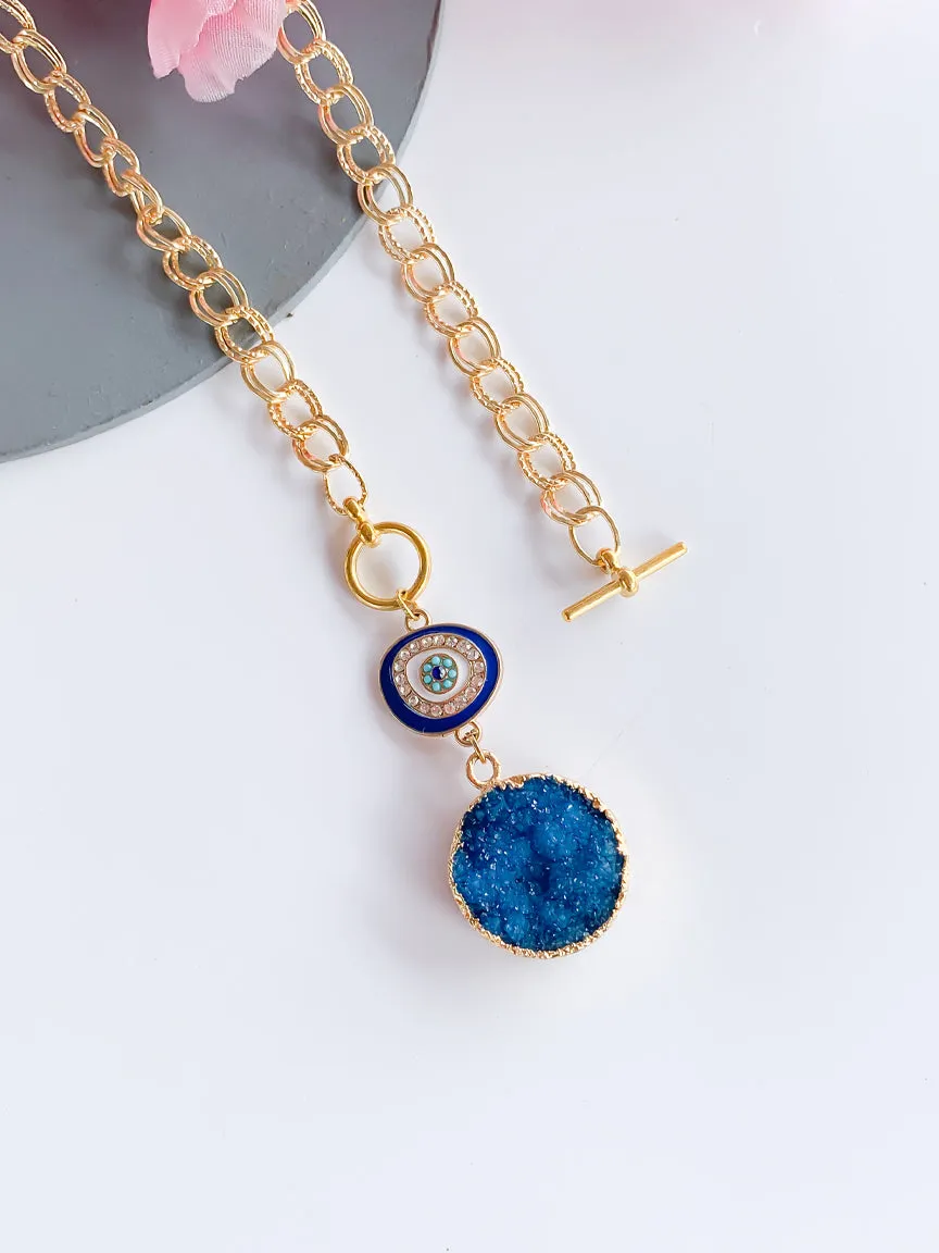 Evil Eye and Druzy Necklace with Toggle Clasp