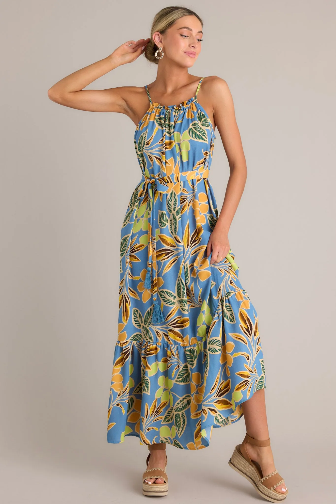 Exotic Eden Dusty Blue Tropical Print Maxi Dress