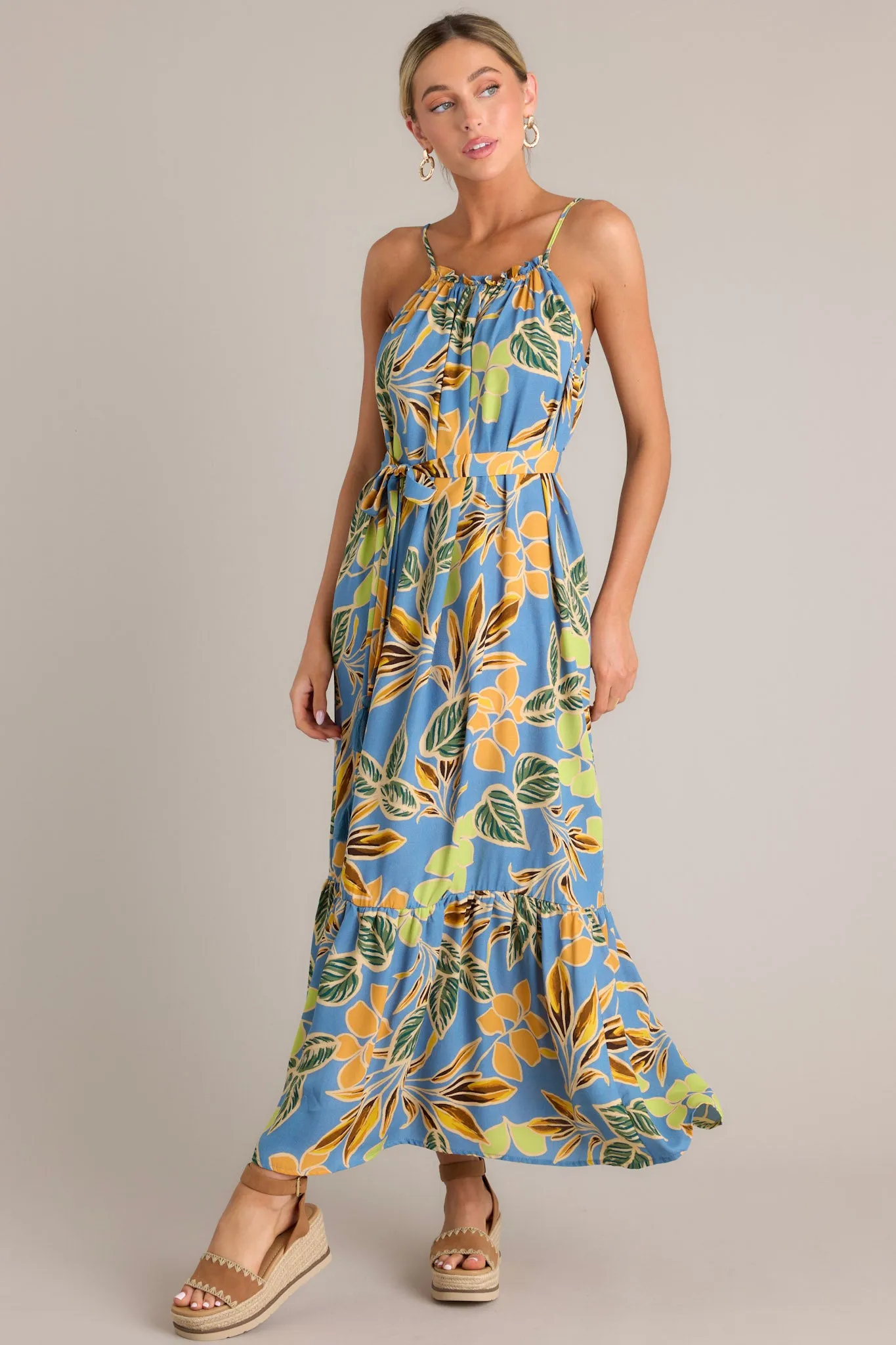 Exotic Eden Dusty Blue Tropical Print Maxi Dress