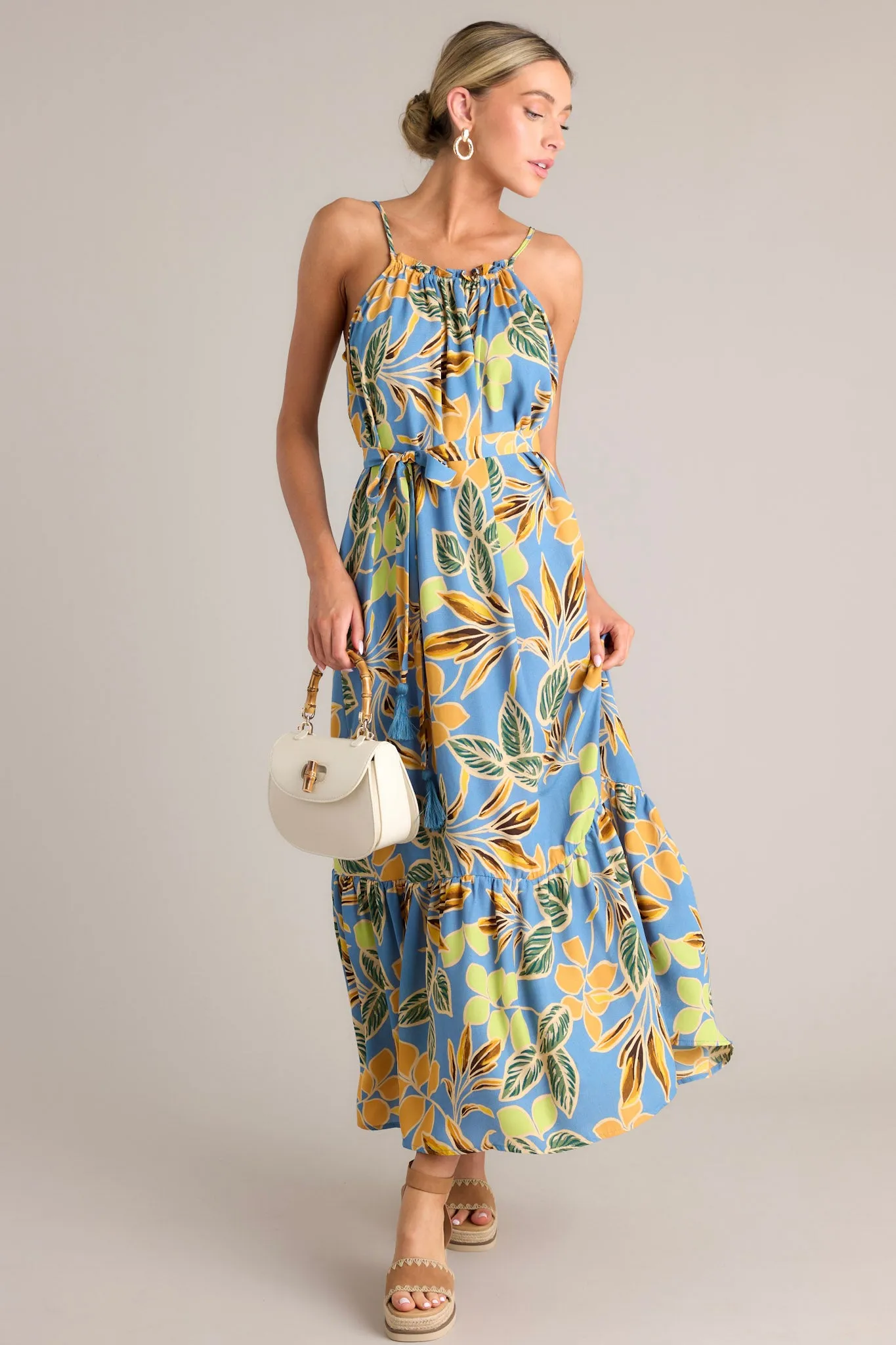 Exotic Eden Dusty Blue Tropical Print Maxi Dress