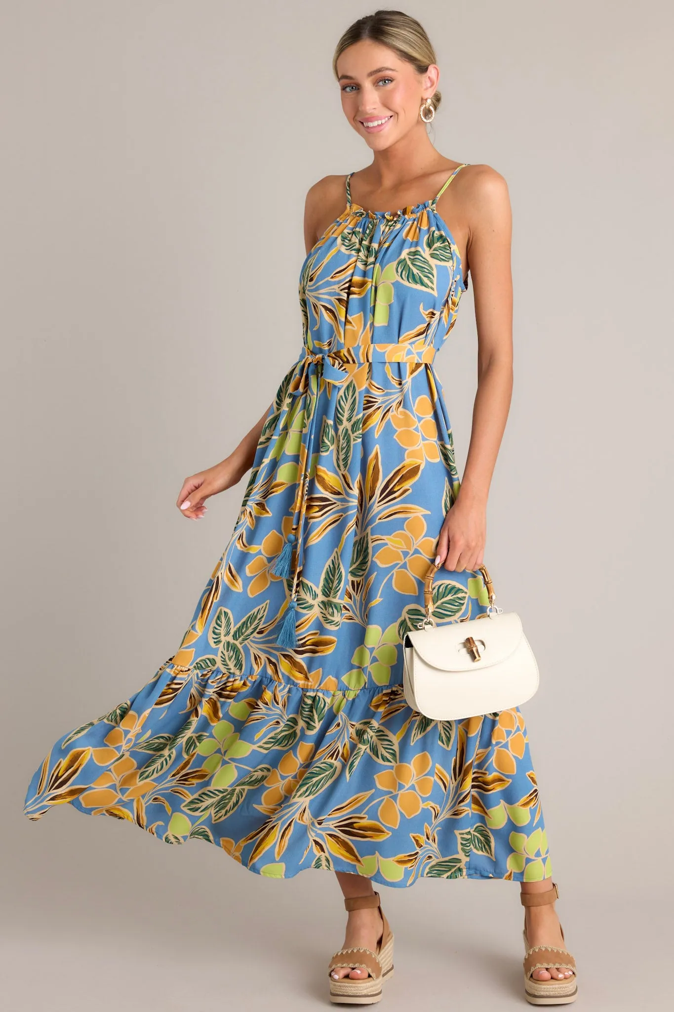 Exotic Eden Dusty Blue Tropical Print Maxi Dress
