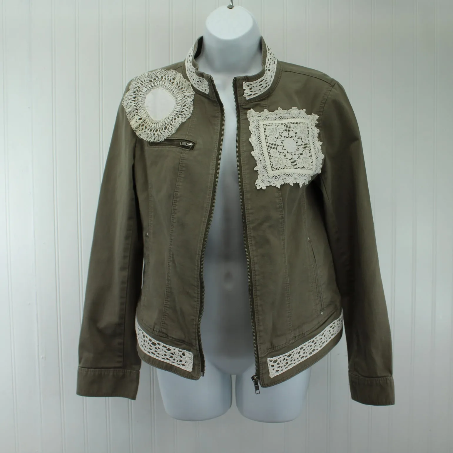 Express Cotton Jacket Mandarin Collar Enhanced Patzi Design Lace Doily Repurposed