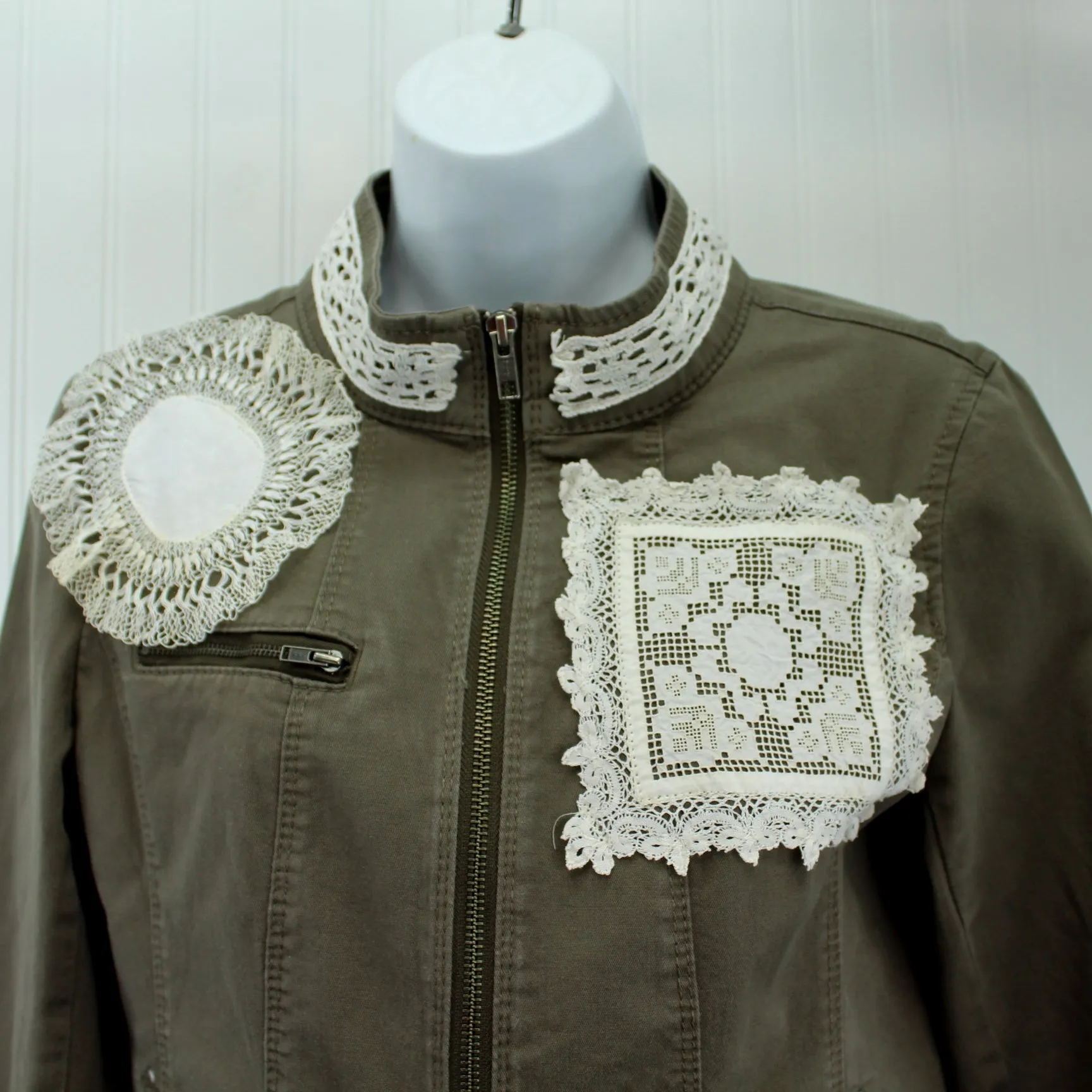 Express Cotton Jacket Mandarin Collar Enhanced Patzi Design Lace Doily Repurposed