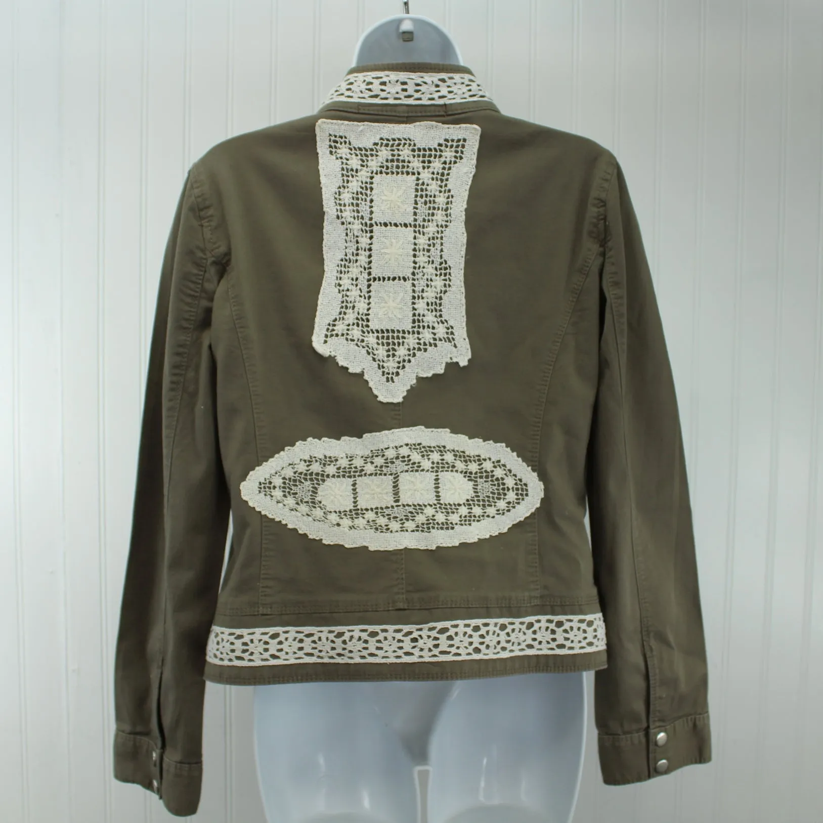 Express Cotton Jacket Mandarin Collar Enhanced Patzi Design Lace Doily Repurposed
