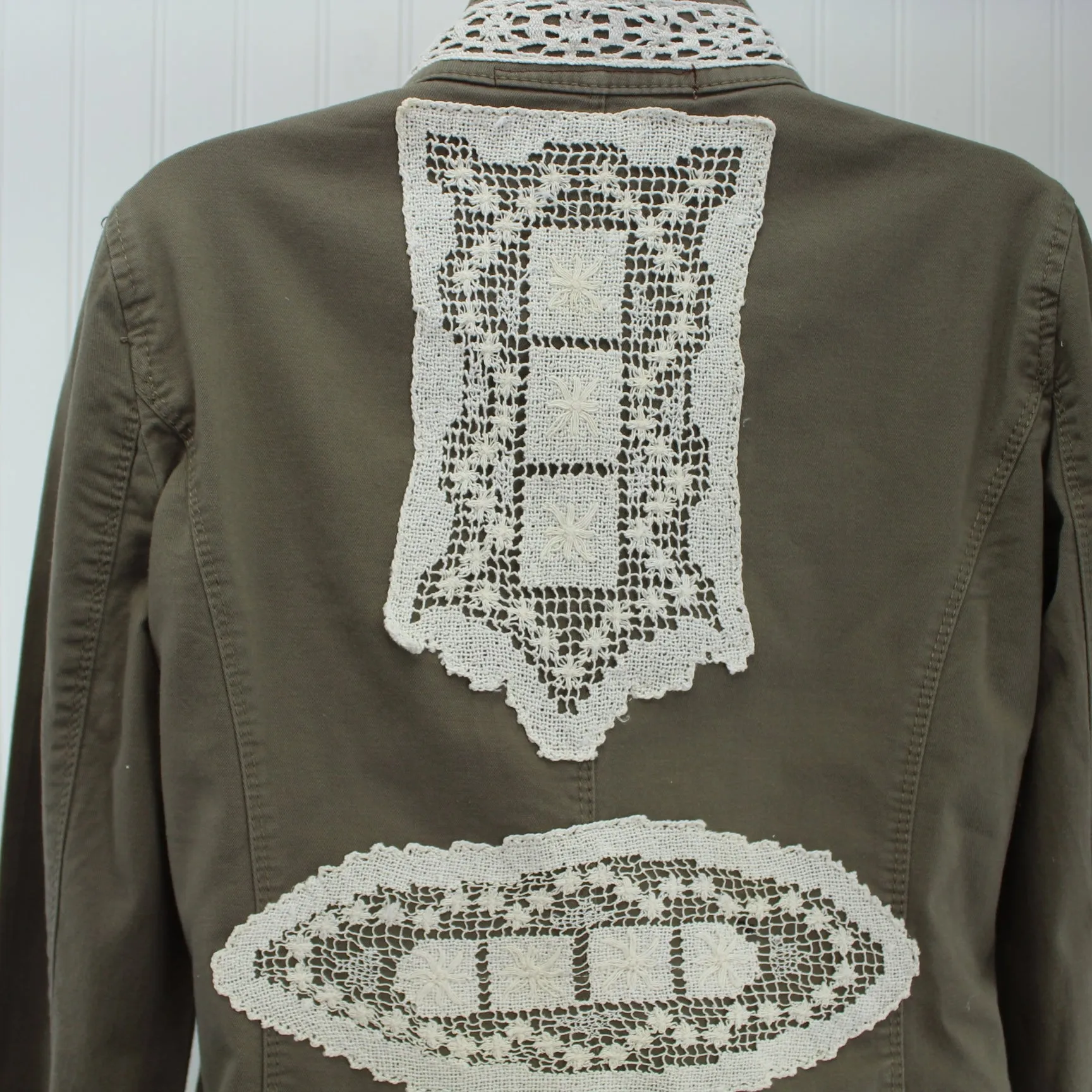 Express Cotton Jacket Mandarin Collar Enhanced Patzi Design Lace Doily Repurposed